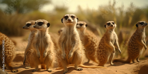Alert Meerkat Family in Natural Habitat - Wildlife Photography in Sun-Kissed Desert Environment for Adobe Stock.