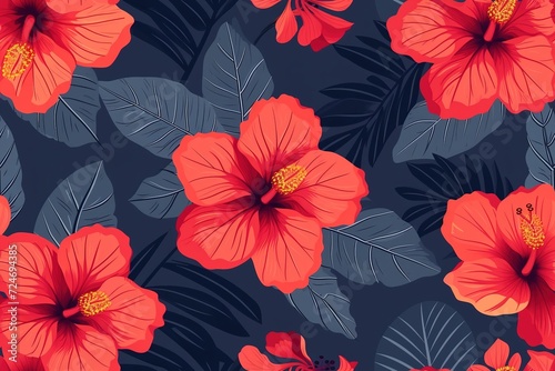 Floral Beauty in Red: Seamless Pattern with Hibiscus Blossoms for Nature-Inspired Textile and Wallpaper Design in Vintage Style