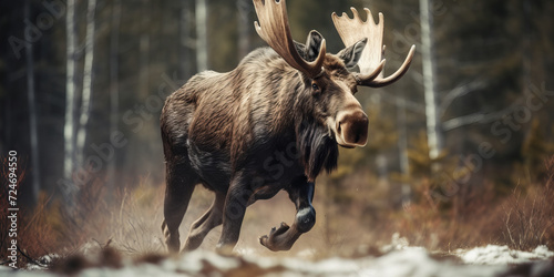 Majestic Moose in Natural Habitat: Dynamic Wildlife Photography Against Forest Backdrop