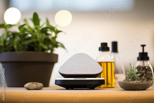 a diffuser functioning on a pebble tray with a plant in the background photo