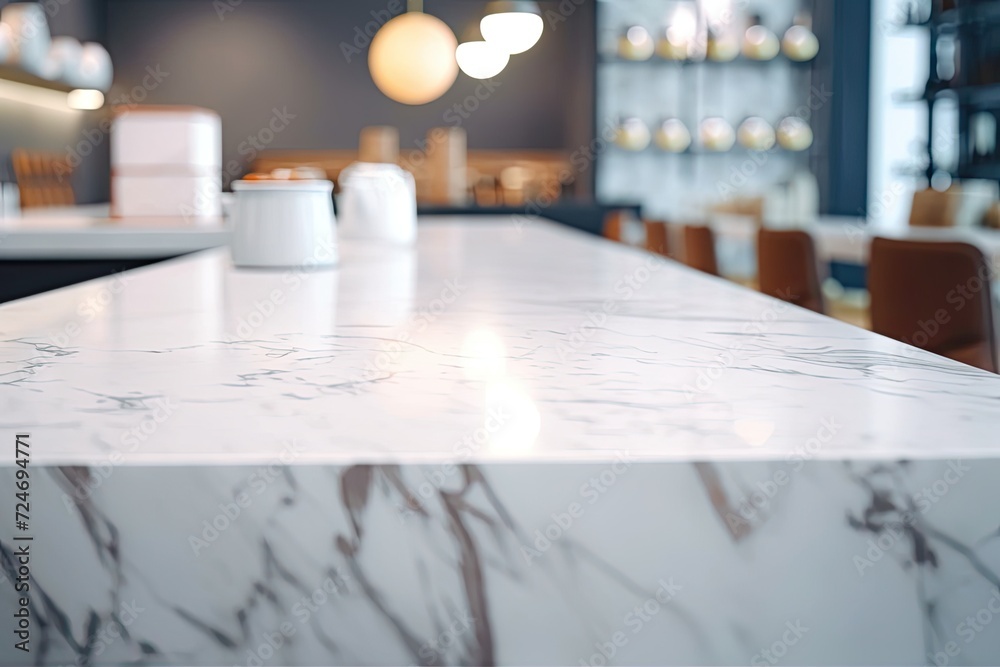Table with white marble surface and bokeh background of white Table with white marble surface and bokeh background of white
