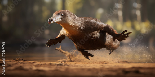 Dramatic Action Shot of a Giant Otter Leaping Along a Dusty Riverbank in a Forested Environment with Blurred Background photo