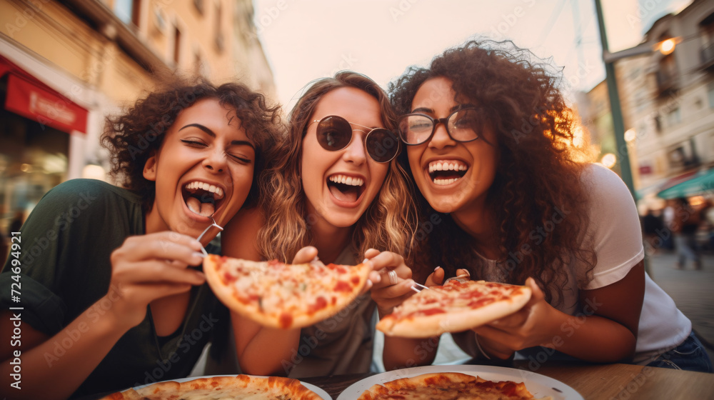 Naklejka premium Beautiful young women are eating pizza and smiling while sitting in cafe
