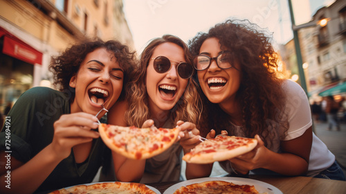 Beautiful young women are eating pizza and smiling while sitting in cafe photo