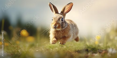Joyful Bunny in Mid-Hop: Captivating Springtime Rabbit Leaping Energetically in a Vibrant Meadow with Blooming Flowers