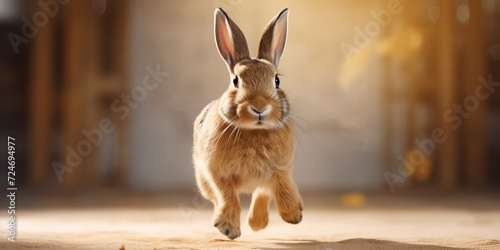 Vivacious Rabbit Hopping Energetically in Warm Golden Light - Dynamic Wildlife Photography for Springtime Themes