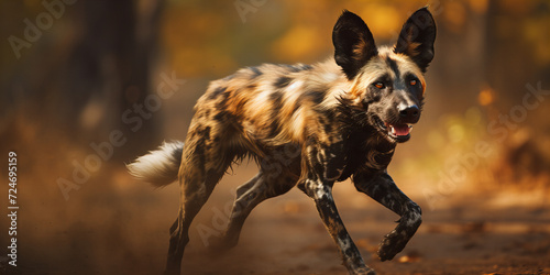 Energetic African Wild Dog Sprinting through Autumn Forest - Dynamic Wildlife Photography in Natural Habitat