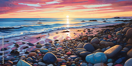 A vibrant sunset over a pebble beach painted with a colorful palette