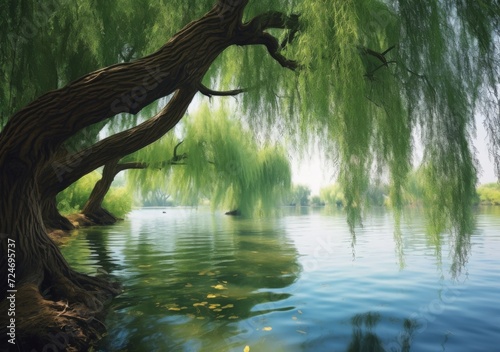 A peaceful lakeside view with willow trees © Gogi