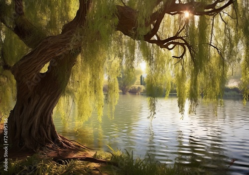 A peaceful lakeside view with willow trees