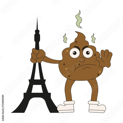 Farmers protest in France. Pile manure and Effel tower. Cartoon droppings character in trendy Groovy style isolated white. Vector illustration can used web. Editable stroke EPS 10 