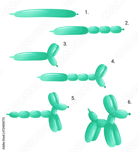 Vector instructions on how to make a dog out of balloon balloon decoration colored for kids entertainment. cute green dog balloon twist cartoon. illustration for children