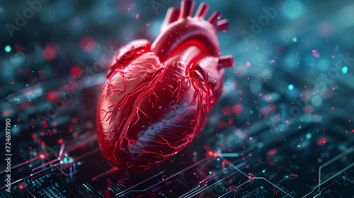 Futuristic medical concept with red human heart. generative ai