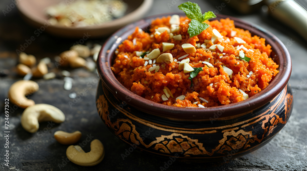 Gajar ka halwa is a carrot-based sweet dessert pudding from India. Garnished with Cashew/almond nuts. served in a bowl. generative ai - obrazy, fototapety, plakaty 