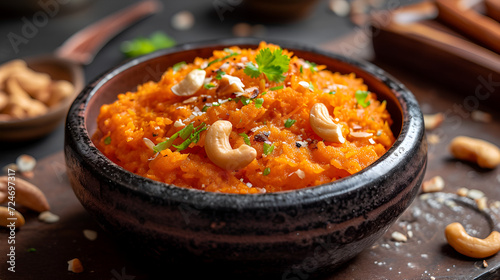 Gajar ka halwa is a carrot-based sweet dessert pudding from India. Garnished with Cashew/almond nuts. served in a bowl. generative ai photo