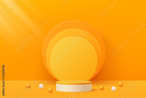 3d orange podium pedestal platform with geometric backdrop and ball on orange background for product display, presentation, advertising. 