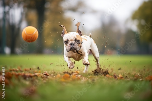 mudsplattered dog chasing ball in park photo