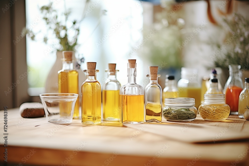 bottles of aromatic natural oils on wooden table bottles of aromatic natural oils on wooden table