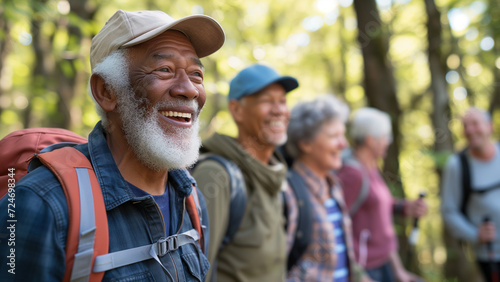 AI-generated illustration of a diverse group of senior people with backpacks hiking in a forest