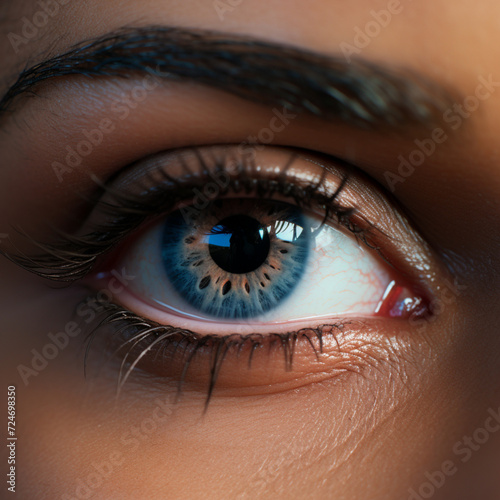 close up photograph eyes and face of abeautiful woman made with brown makeup and natural look, light pink  photo