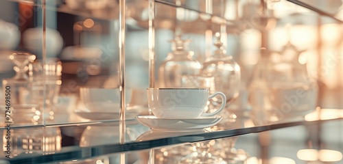 Mirrored glass shelf amid high-end decor with an empty white mug.