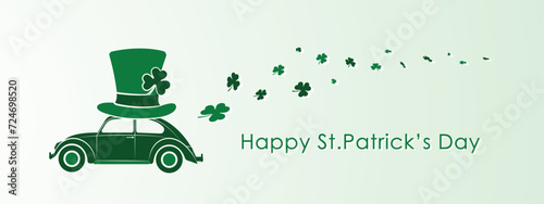 happy st patrick day panoramic greeting card with classic car, green and white vector illustration