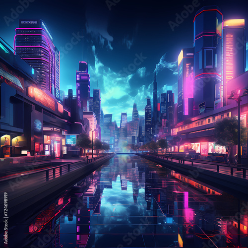 A futuristic cityscape at dusk with vibrant neon lights