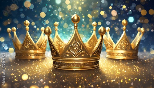 golden crown on black background, Three gold shiny crowns on festive background. Three Kings day or Epiphany day holiday celebration night background