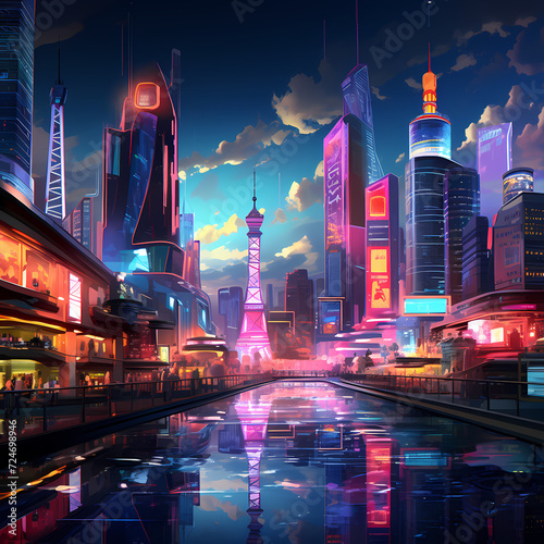 A futuristic cityscape at dusk with vibrant neon lights