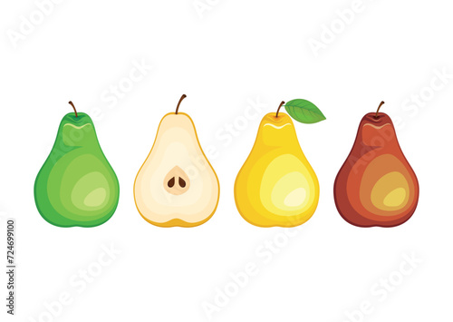 Green, yellow and red pear icons vector illustration. Whole and halved pear icon set isolated on a white background. Juicy ripe pears collection