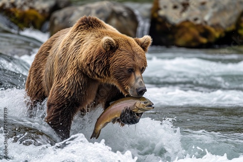brown bear catches a salmon in the river © Jorge Ferreiro