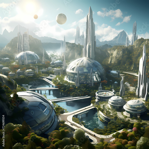 Photographie A futuristic space colony on a distant planet.