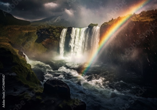 A rainbow appearing over a cascading waterfall