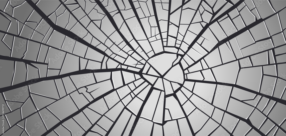 Vector cracked gray glass into small pieces. Dark cracks. Broken screen shattered texture effect. Splits. Transparent crushed plexiglas. Wide banner, wallpaper or background.