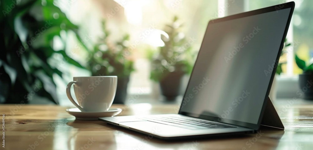 Close-up of a triangular hinge laptop near an empty white mug for geometric interest.