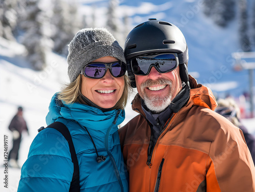 Winter Bliss: A Happy Married Couple of Skiers in Snowy Mountains