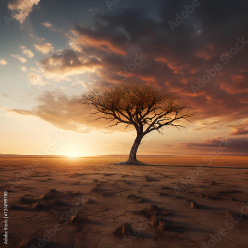 A lone tree in a vast desert landscape during sunset