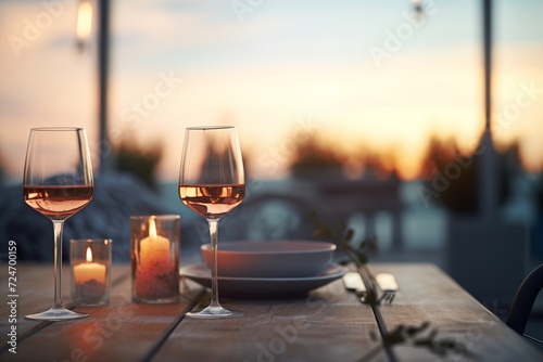 two wine glasses clinking over a dinner table at dusk