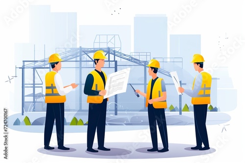 flat illustration of architects and builders working on house plan generative ai