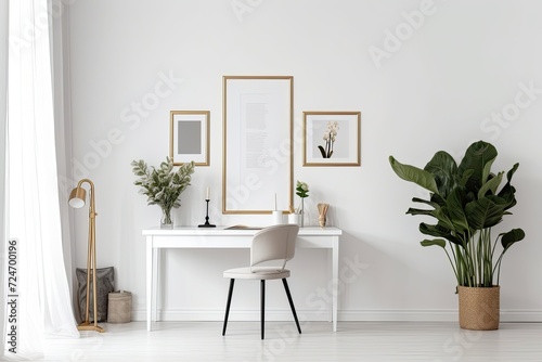 a white wall  a table with a plant  and a blank photo frame