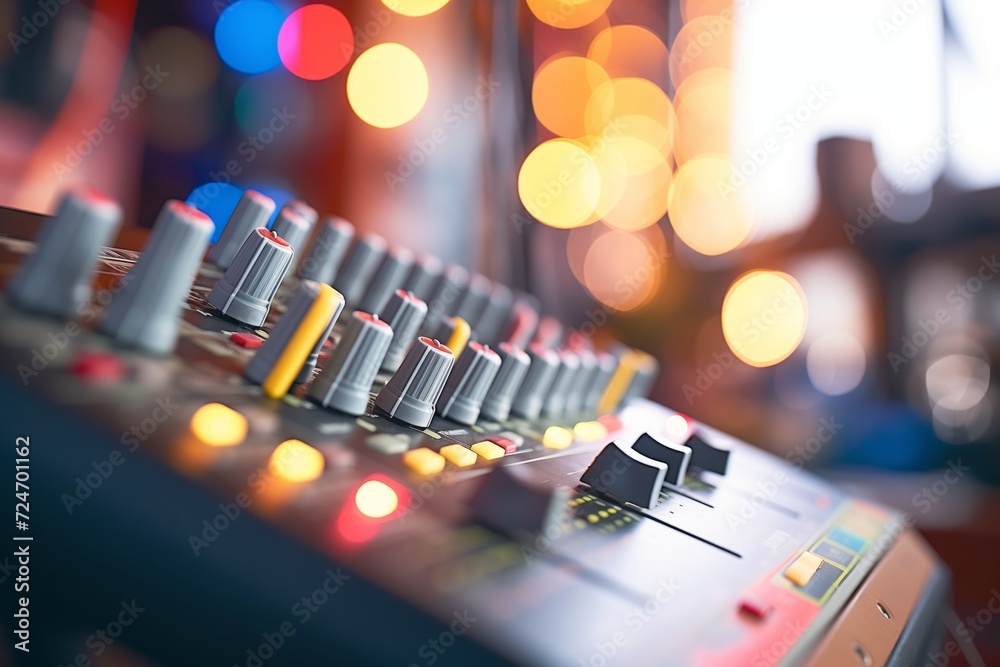 close-up of colored led lights blinking on an audio mixer close-up of colored led lights blinking on an audio mixer