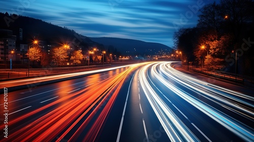Long exposure of a road with light trails of passing vehicles at night © Rozeena
