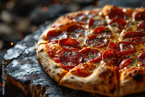 Sizzling pepperoni pie baked in a charcoal oven, set against a dark backdrop with professional lighting. Emphasizing food and delivery with cutting-edge AI technology.