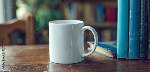 Empty white mug, side view, on a table with blue books.