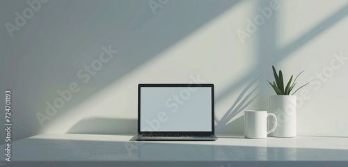 Minimalistic scene with a rectangular form laptop near an empty white mug for simplicity. © AB malik