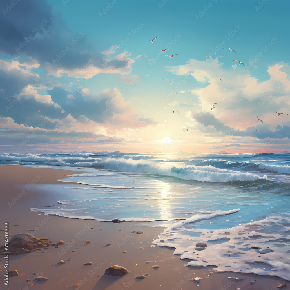A tranquil beach scene with waves washing ashore.