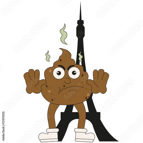 Farmers protest in France. Pile manure and tower. Cartoon droppings character in trendy Groovy style isolated white. Vector illustration can used web. Editable stroke EPS 10 