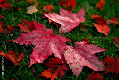 Raindrops on Red Maple Leaves in Autumn photo
