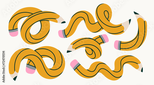 Set of yellow Pencils in various conditions. Twisted, bended, curved pencil. Back to school, teacher's day concept. Design templates. Abstract modern style. Hand drawn Vector illustration photo