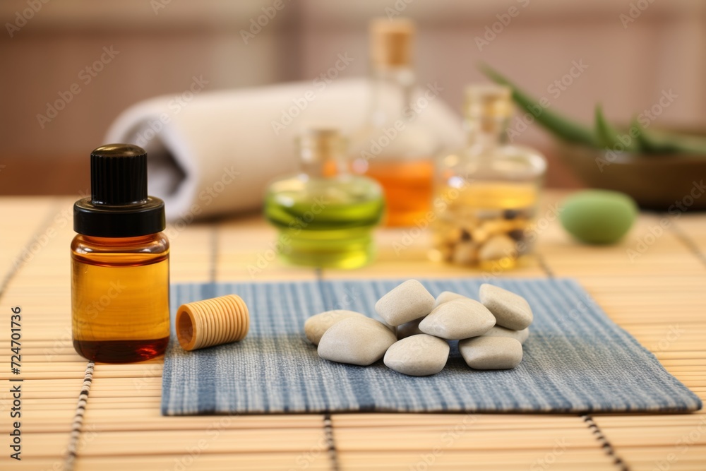 essential oils and massage stones on bamboo mat essential oils and massage stones on bamboo mat